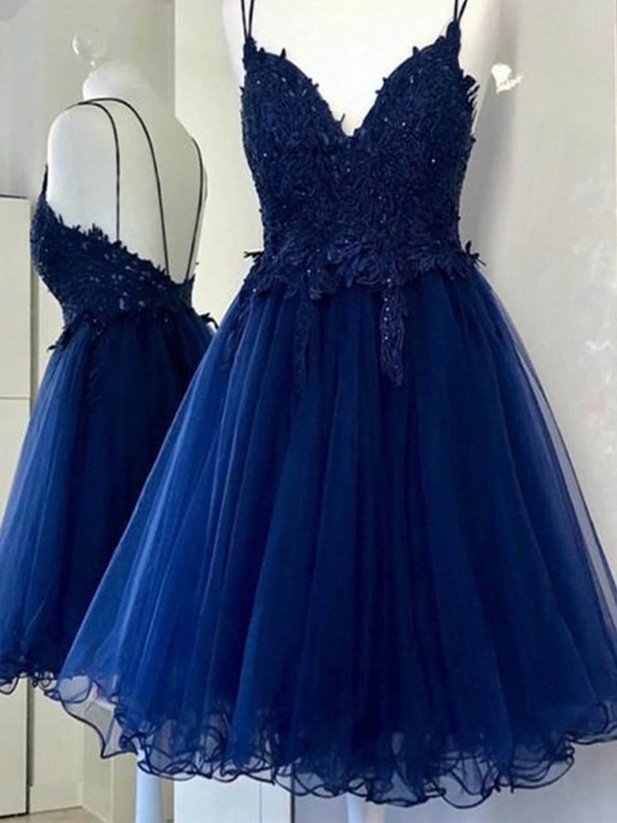 A Line V Neck Short Blue Prom Dresses, Short Blue Lace Graduation Homecoming Dresses
