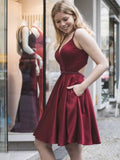 A Line V Neck Short Burgundy Prom Dresses, Short Wine Red Formal Graduation Homecoming Dresses