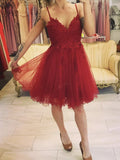 A Line V Neck Short Dark Red Lace Prom Dresses, Short Dark Red Lace Formal Homecoming Dresses