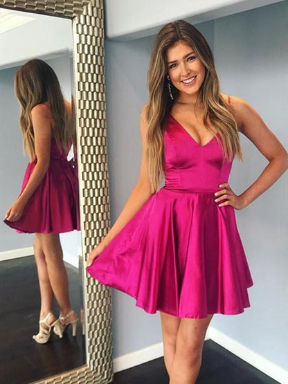 A Line V Neck Short Fuchsia Satin Prom Dresses, Short Pink Formal Graduation Homecoming Dresses