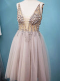 A Line V Neck Short Gray Beaded Prom Dresses, Short Grey Formal Homecoming Dress with Beading