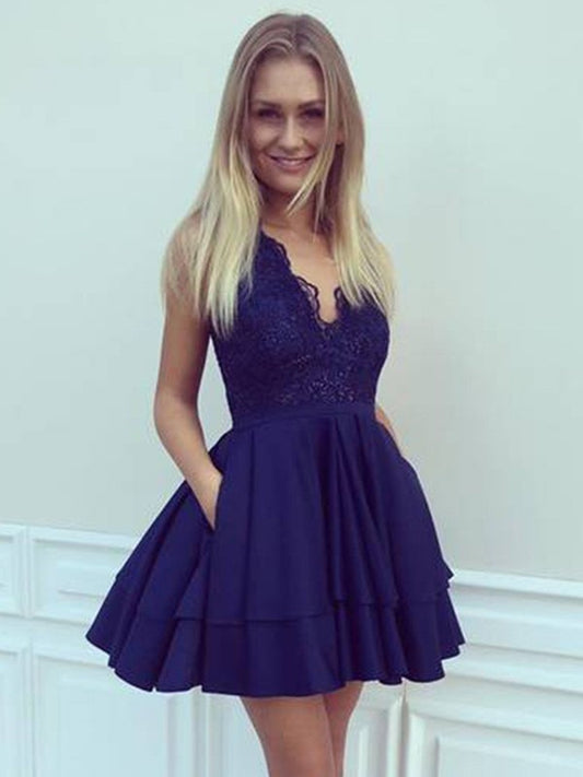 A Line V Neck Short Navy Blue Lace Prom Dresses, Short Navy Blue Lace Graduation Homecoming Dresses