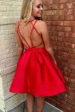 A Line V Neck Short Red Prom Dresses, Short Red Backless Formal Homecoming Dresses