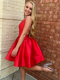 A Line V Neck Short Red Prom Dresses, Short Red Backless Formal Homecoming Dresses