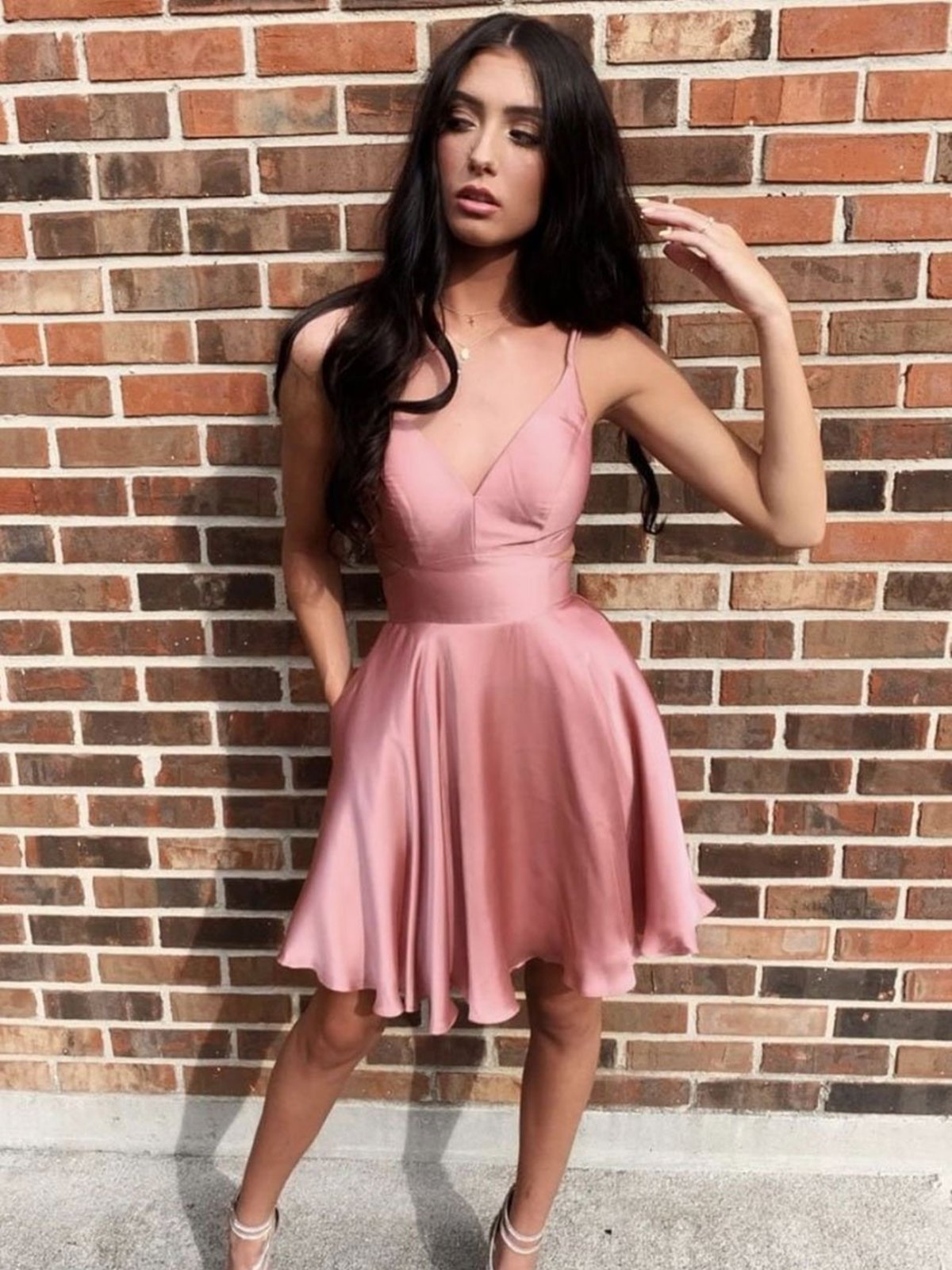 A Line V Neck Short Rose Pink Prom Dresses, Short Rose Pink Formal Graduation Homecoming Dresses
