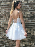 A Line V Neck Short White Lace Prom Dresses, Short White Lace Formal Homecoming Dresses
