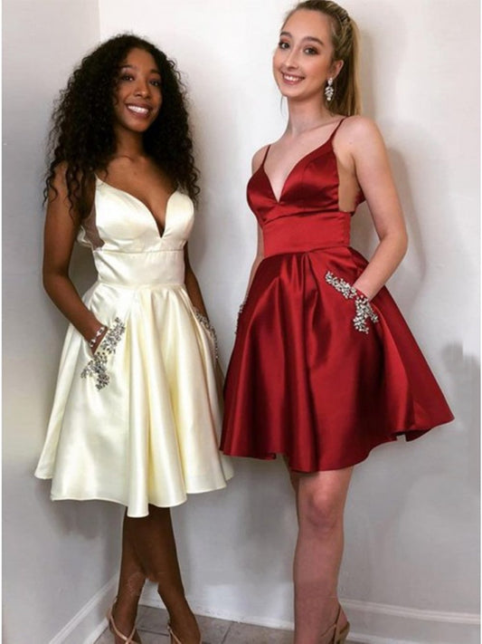 A Line V Neck Short Yellow Burgundy Prom Dresses, Yellow Burgundy Short Graduation Homecoming Dresses