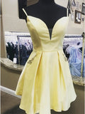A Line V Neck Short Yellow Burgundy Prom Dresses, Yellow Burgundy Short Graduation Homecoming Dresses