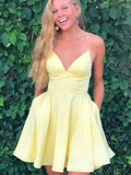 A Line V Neck Short Yellow Prom Dresses, Short Yellow Formal Homecoming Dresses