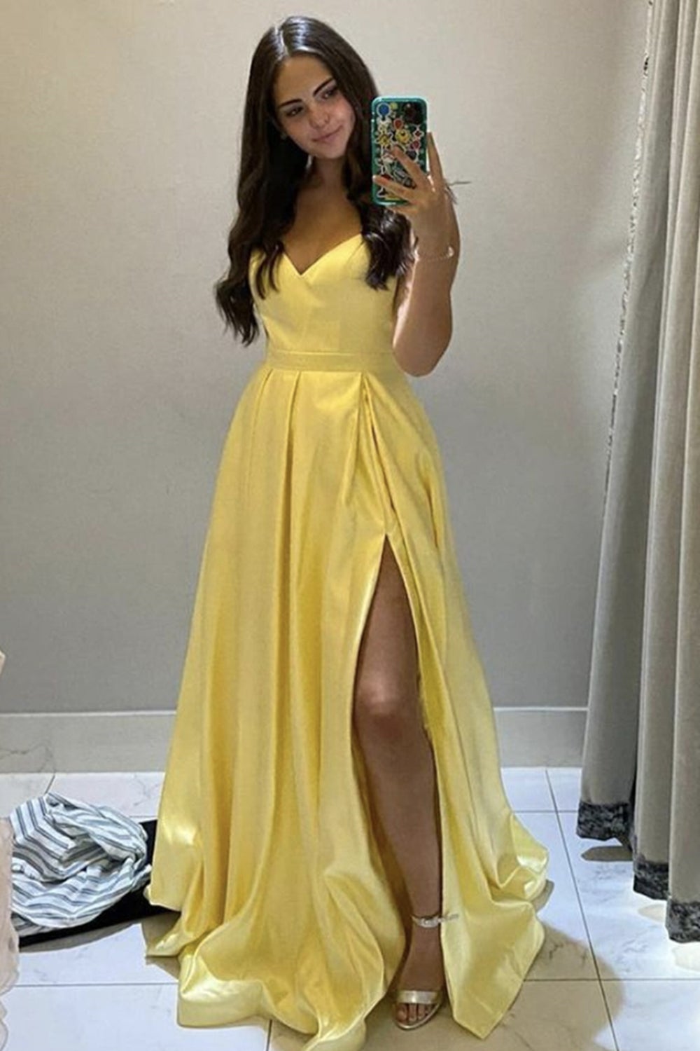 A Line V Neck Yellow Satin Long Prom Dress with Slit, V Neck Yellow Formal Graduation Evening Dress