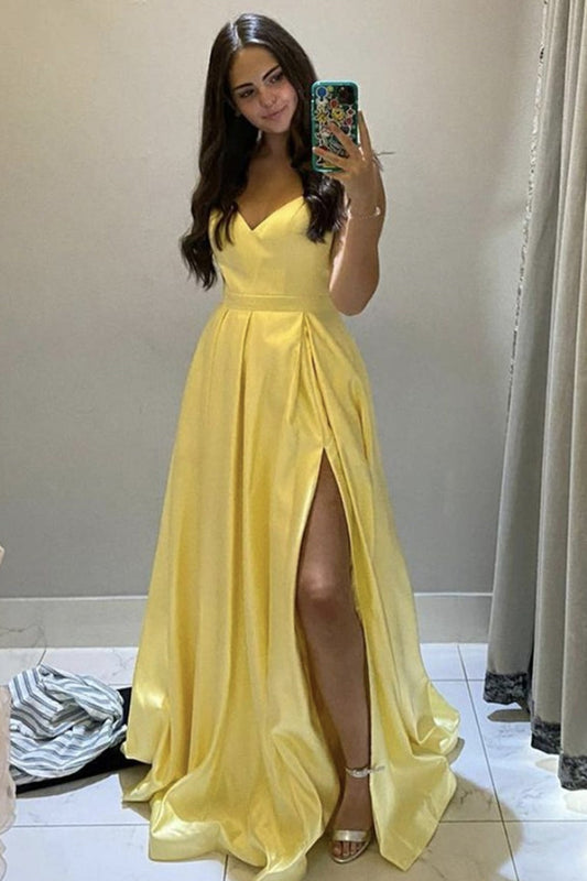 A Line V Neck Yellow Satin Long Prom Dress with Slit, V Neck Yellow Formal Graduation Evening Dress