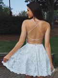 A Line Short Backless Blue/Champagne/White Lace Prom Dresses,cocktail dresses wedding,semi formal dresses