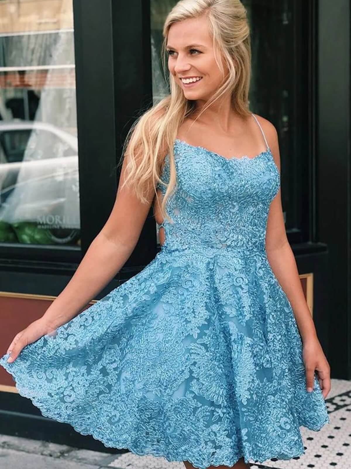 A Line Short Backless Blue/Champagne/White Lace Prom Dresses,cocktail dresses wedding,semi formal dresses