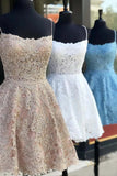A Line Short Backless Blue/Champagne/White Lace Prom Dresses,cocktail dresses wedding,semi formal dresses