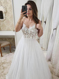 A Line Appliques Bodice Long Prom Dress,Formal Dresses Spaghetti Strap Beach Bridal Gowns