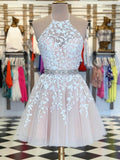 A Line Halter Neck Short Champagne Lace Prom Dresses,Lace Formal Homecoming Dress