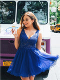 A Line V Neck Backless Short Royal Blue Lace Prom Dresses, Short Royal Blue Lace Formal Homecoming Dresses