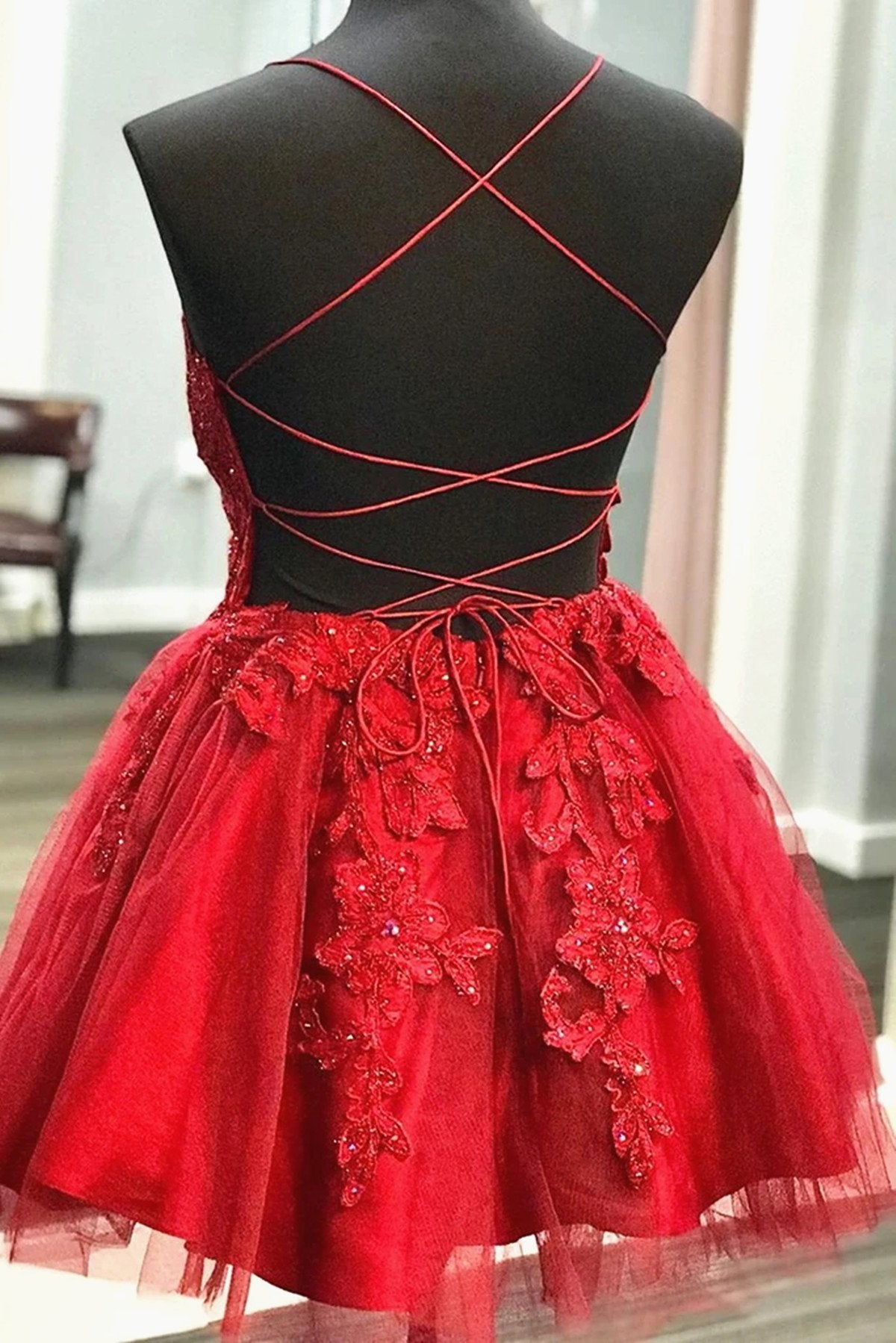 A Line V Neck Short Backless Red Lace Prom Dresses, Short Red Backless jkprom A Line V Neck Short Backless Red Lace Prom Dresses, Short Red Backless jkprom