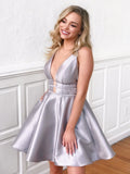 A Line V Neck Short Silver Gray Prom Dresses, Short Silver Grey Formal Homecoming Dresses
