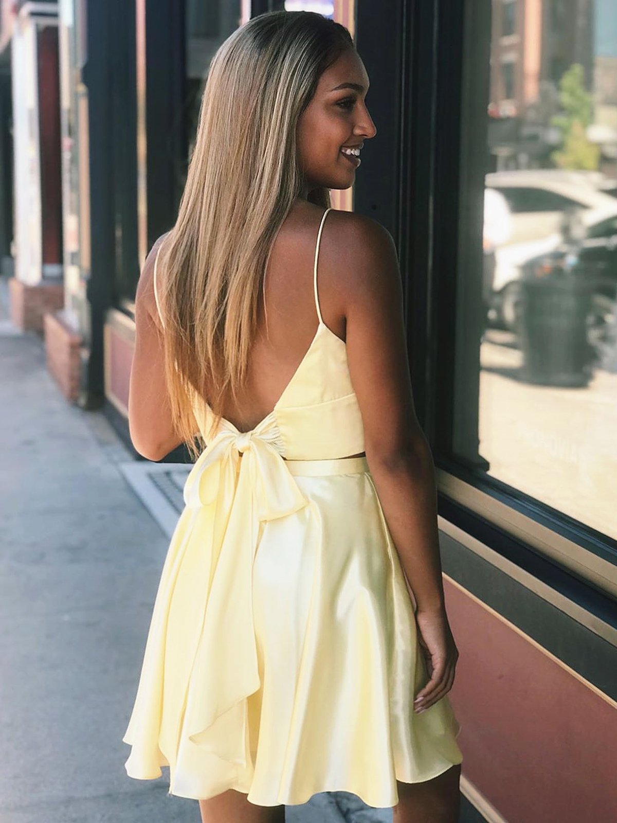 A Line V Neck Short Yellow Prom Dresses, 2 Pieces Short Yellow Formal jkprom A Line V Neck Short Yellow Prom Dresses, 2 Pieces Short Yellow Formal jkprom