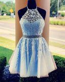 Lace Embroidery Halter Tulle Homecoming Dresses Cross Back