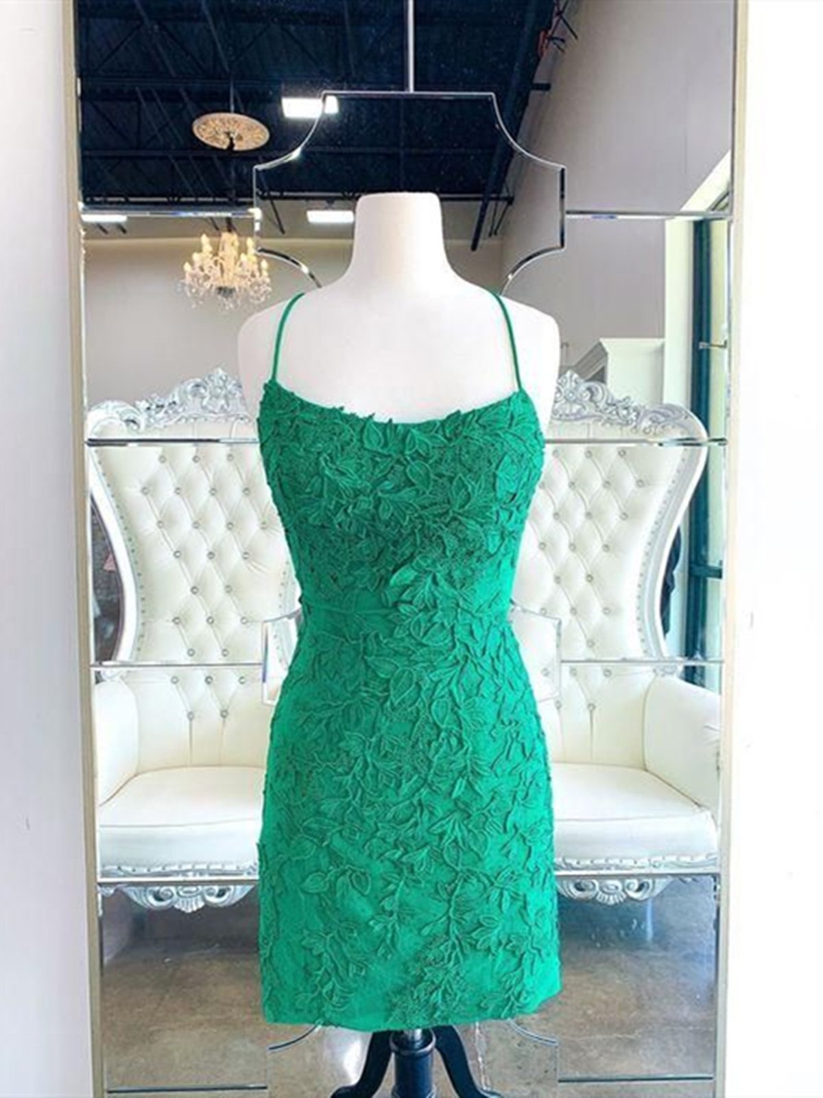 Backless Short Green Lace Prom Dresses, Open Back Short Green Lace Homecoming Graduation Dresses