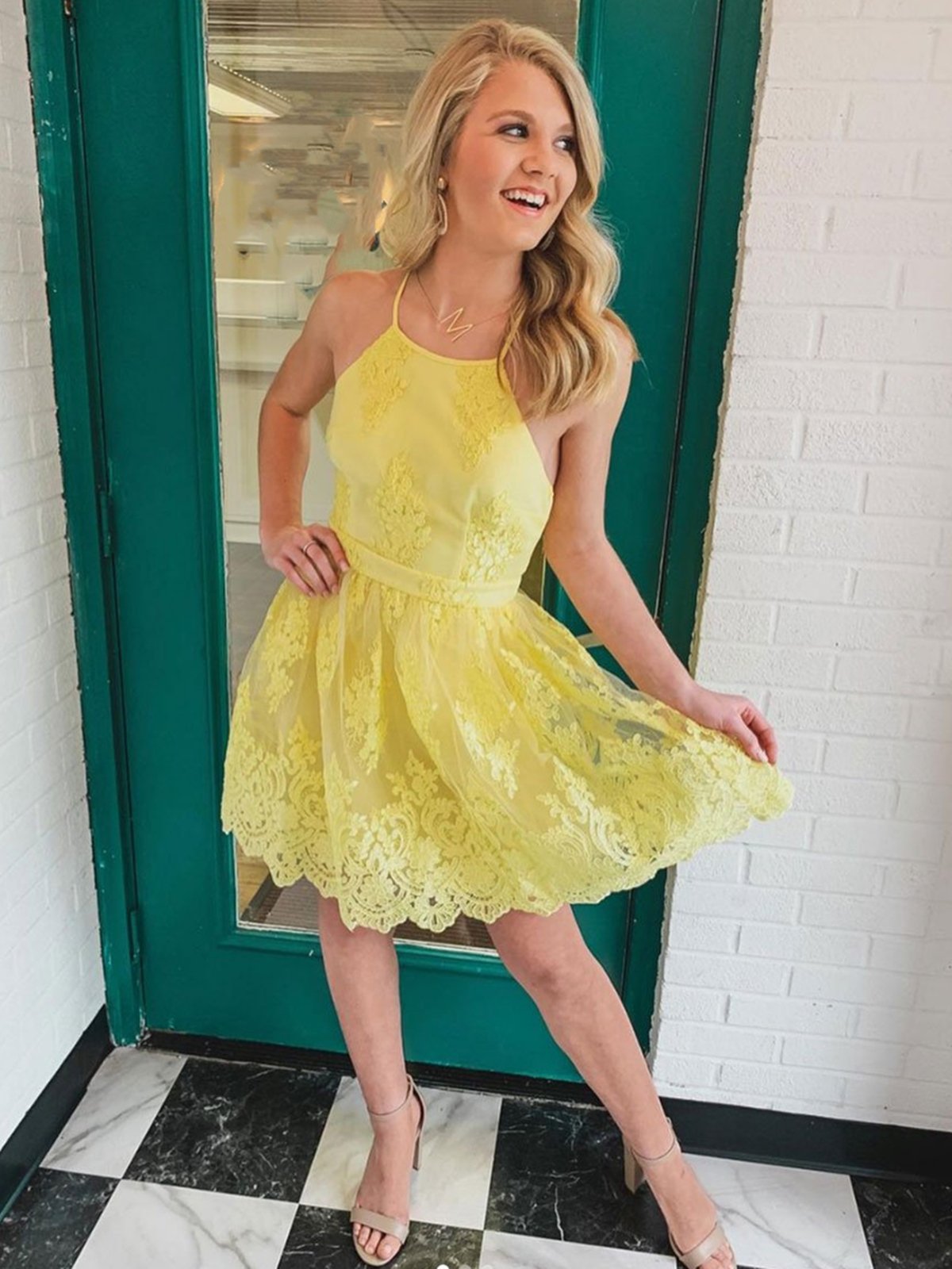 Backless Short Yellow Lace Prom Dresses, Open Back Short Yellow Lace Graduation Homecoming Dresses