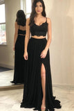 Black Lace Top Two Piece Prom Dress with Slit, Sexy Evening Gowns