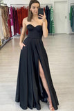 Black Satin A Line Long Prom Dress Sweetheart Floor Length Evening Dresses