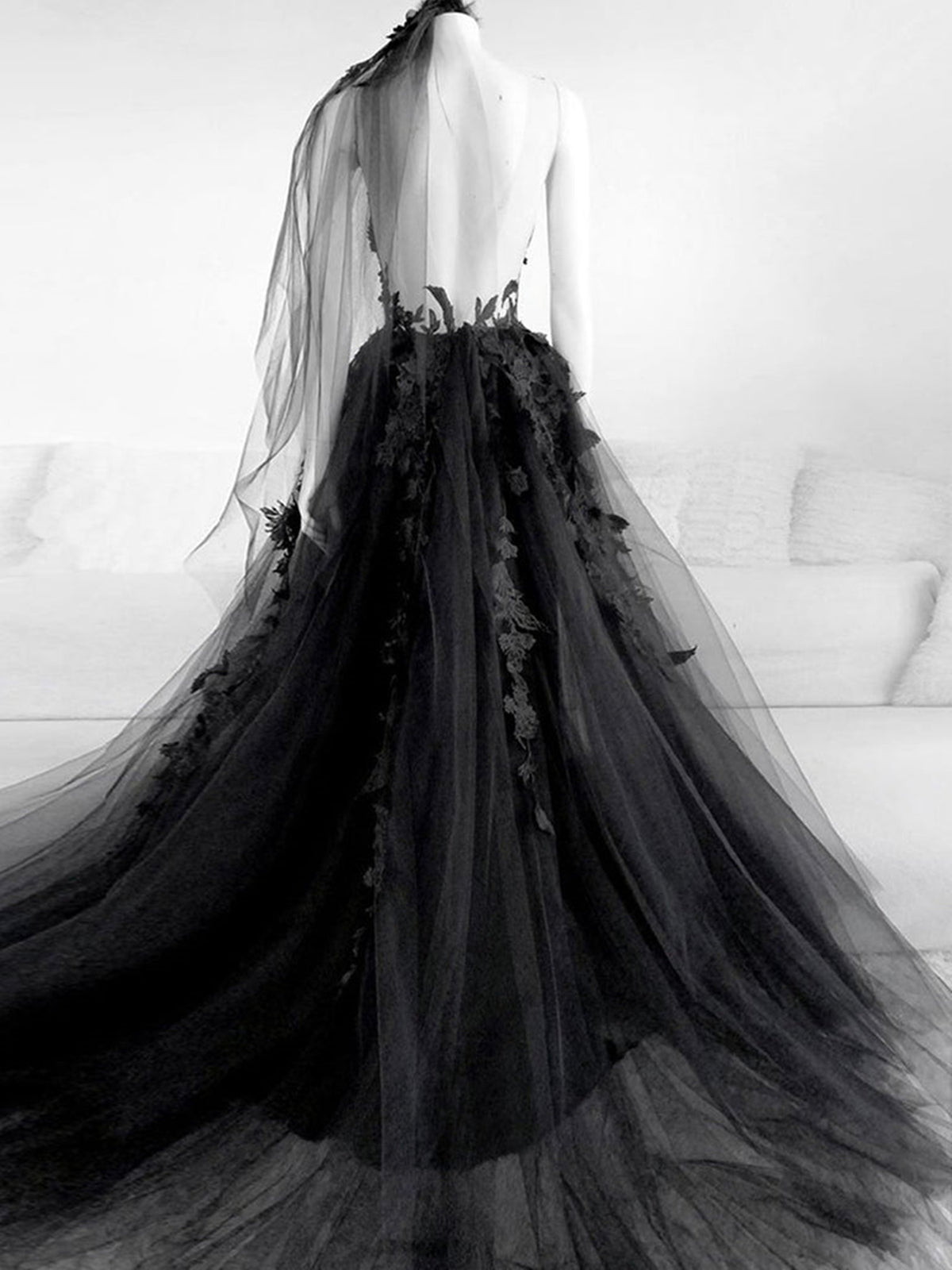 Black V Neck Backless Lace Wedding Dresses,Open Back Black Bridal Gown