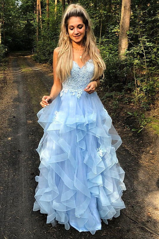 Blue Princess Sweet 16 Dress Spaghetti Straps Tiered Graduation Prom Dresses,Gala Dresses Elegant