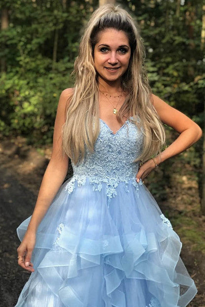 Blue Princess Sweet 16 Dress Spaghetti Straps Tiered Graduation Prom Dresses,Gala Dresses Elegant