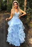 Blue Princess Sweet 16 Dress Spaghetti Straps Tiered Graduation Prom Dresses,Gala Dresses Elegant