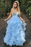 Blue Princess Sweet 16 Dress Spaghetti Straps Tiered Graduation Prom Dresses,Gala Dresses Elegant
