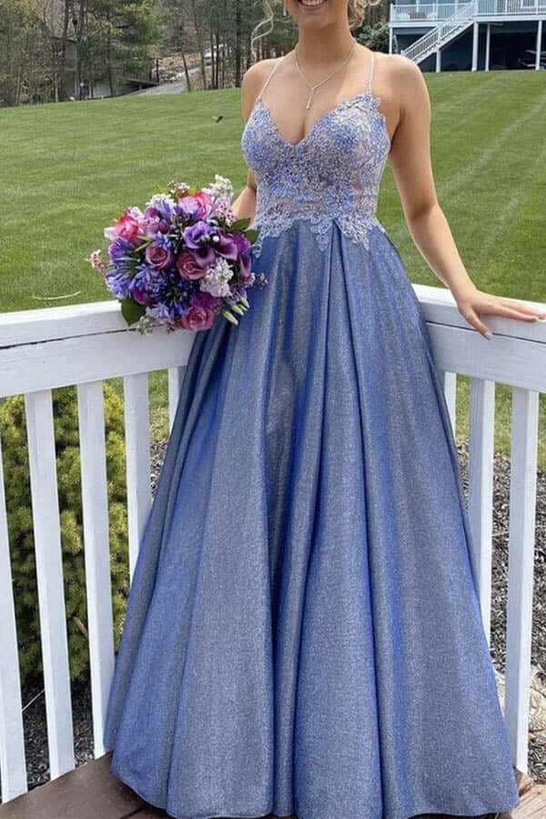 Blue A-line Beaded Long Prom Dresses,Lace Appliqued Evening Gown,formal dresses