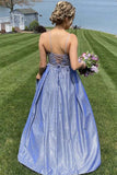 Blue A-line Beaded Long Prom Dresses,Lace Appliqued Evening Gown,formal dresses