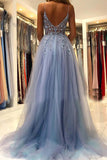 Blue Tulle A-line V-neck Beaded Long Prom Dresses, Evening Dress With Slit,evening gowns