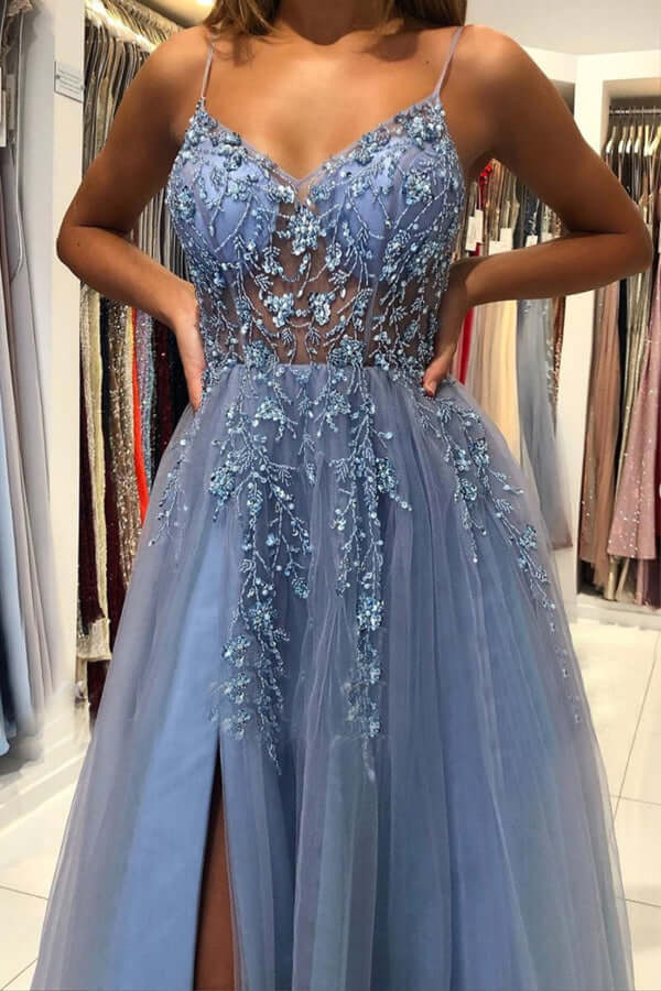 Blue Tulle A-line V-neck Beaded Long Prom Dresses, Evening Dress With Slit,evening gowns