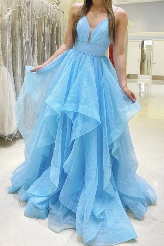 Baby Blue V Neck Long Prom Dresses,Formal Dresses A-line Sleeveless Sweet 16 Gown