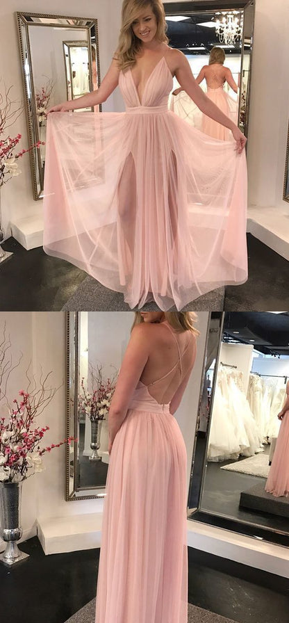 Blush Pink Side Slits Plunge V neck Sexy Party Prom Dress jkprom Blush Pink Side Slits Plunge V neck Sexy Party Prom Dress jkprom