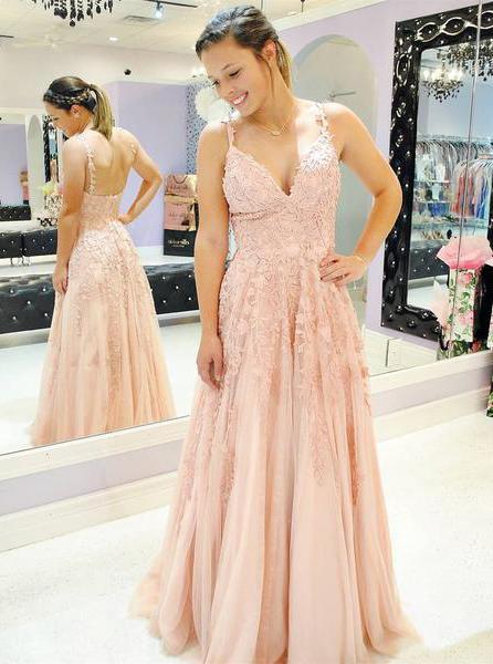 A-line Blush Pink Prom Dress Spaghetti Tulle Appliques Formal Dress