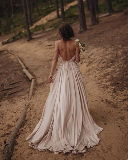 Simple Boho Wedding Dress Satin Open Back Formal Outfit jkprom Simple Boho Wedding Dress Satin Open Back Formal Outfit jkprom