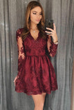 Burgundy Lace Homecoming Dresses, Long Sleeves Short Prom Dress,Cocktail Dress
