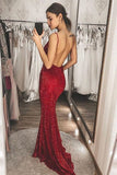 Burgundy Mermaid V Neck Backless Sequins Prom Dresses Evening Dress