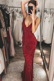 Burgundy Mermaid V Neck Backless Sequins Prom Dresses Evening Dress