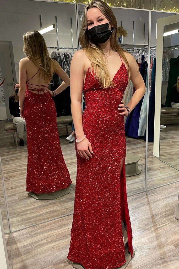 Burgundy Sequins V Neck Backless Mermaid Long Prom Dress with High Slit,Sequin Formal Graduation Evening Dresses main image 1