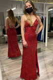 Burgundy Sequins V Neck Backless Mermaid Long Prom Dress with High Slit,Sequin Formal Graduation Evening Dresses