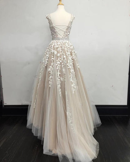 Modest Prom Dresses Tulle Cap Sleeves Lace Embroidery