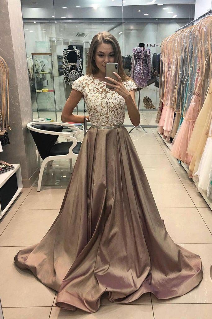 Cap Sleeves Long Prom Dress Satin Lace Appliques Formal Gown