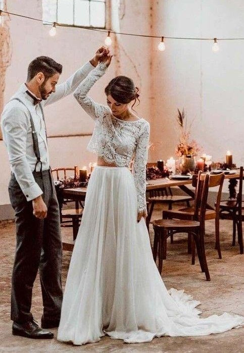 Casual Style Long Sleeve Lace Crop Top Boho Two Piece Wedding Dresses